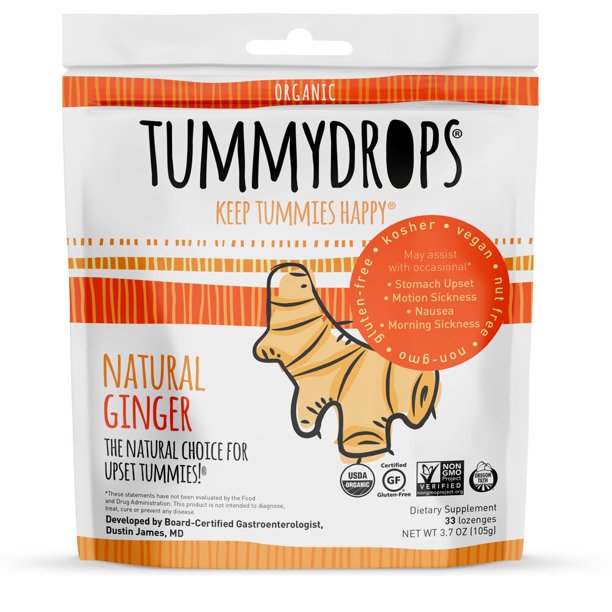 Tummydrops Natural Ginger Non-GMO Project Verified 30 individually wrapped drops in a resealable bag